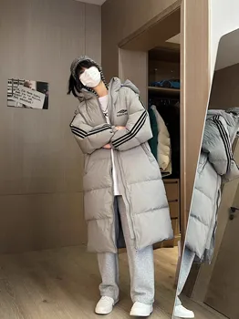 2023 Új Koreai Verzió Hosszított Kapucnis Kabát A Nők, Mint A Térd Sport Pár Fehér Kacsa Kabát Kabát